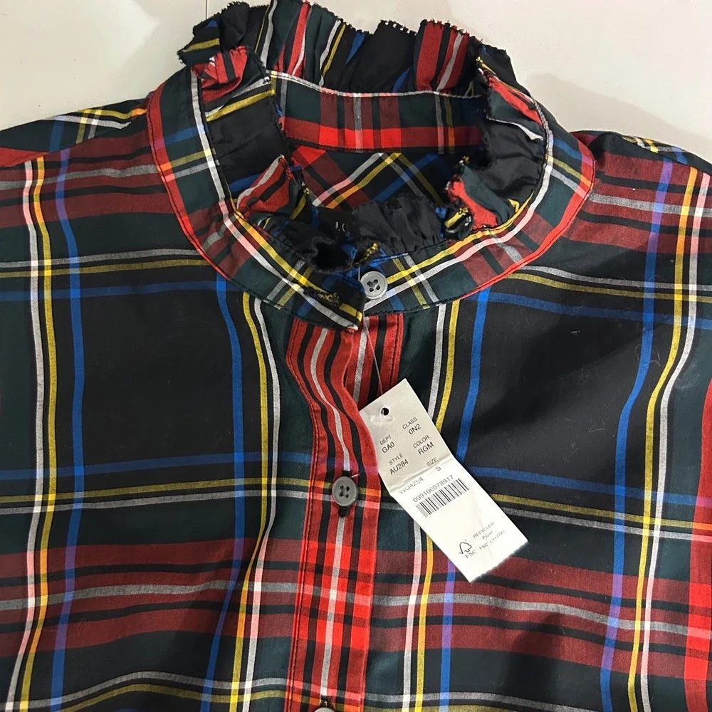 NWT J.Crew Classic Fit Ruffle Popover Black Stewart‎ Tartan Plaid Womens Small